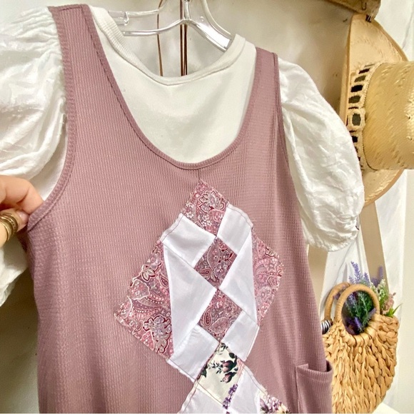 Farmhouse Patchwork dusty blush waffle boho prairie artisan Jumpsuit - Picture 5 of 10